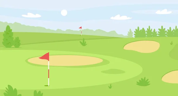 Sommar golfbana landskap, grönt gräs fält för golf. Röd flagga och hål, farled och sand bunkrar, golf scen vektor illustration — Stock vektor