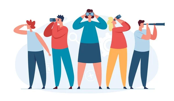 Characters searching for new ideas, business team looking into future. People look through binoculars, search for candidates vector concept — Stock Vector