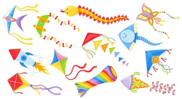 Cartoon cerfs-volants volants dans diverses formes, jouets colorés enfants vent. Papillon, diamant cerf-volant pour le festival, ensemble vecteur d'activité d'été en plein air — Image vectorielle