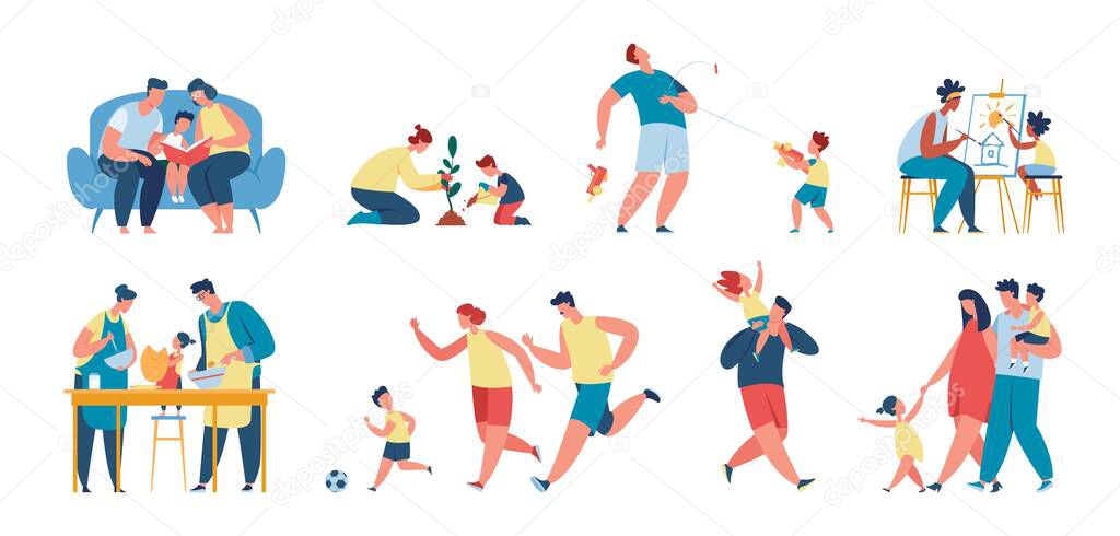Parents with kids spending time together, different families with children. Single mom or dad, mother and daughter, father and son vector set