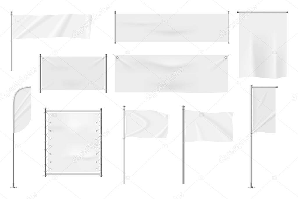 Realistic white textile banners, blank waving flags on flagpoles. Hanging flags, pennant banner, fabric signboard for advertising vector set