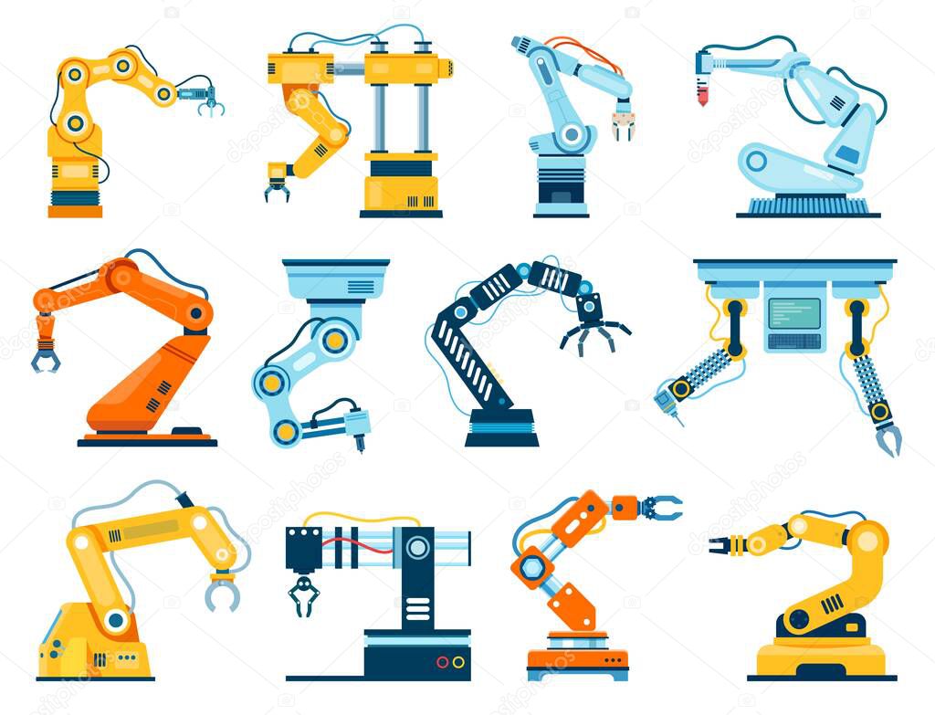 Industrial robot arm manipulators, industrial robotic hand machines. Factory automated arms robots, assembly line machinery vector set