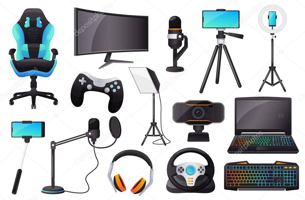 Cartoon live streaming and gaming accessories, gamer equipment. Microphone, headset, monitor, lighting, web camera, vlogging gear vector set