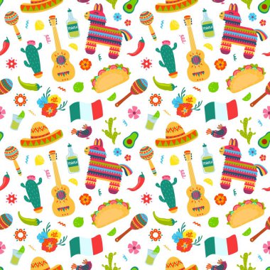 Mexican elements seamless pattern. Sombrero, guitar and cactus, tequila and chili traditional american culture symbols vector texture. Holiday celebration with traditional Mexican symbols