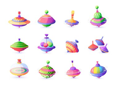 Cartoon toy top. Colorful plastic spinning children toy with motion balance, fun educational swirling game. Vector isolated set. Activity for small kids or toddlers, bright plaything
