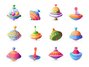 Whirling top. Cartoon colorful humming top plastic toy for children, spinning peg-top with motion balance. Vector isolated set. Bright moving plaything for education. Leisure activity for kids