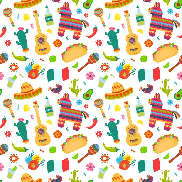 Mexican Elements Seamless Pattern Sombrero Guitar Cactus Tequila Chili Traditional — Stockvector