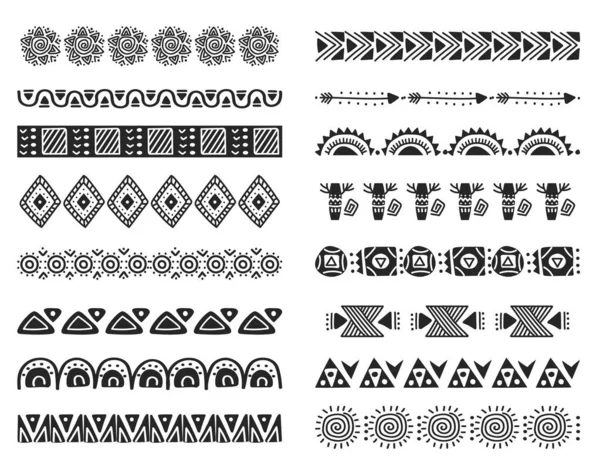 African Tribal Brushes Black White Hand Drawn Horizontal Seamless Borders — Archivo Imágenes Vectoriales
