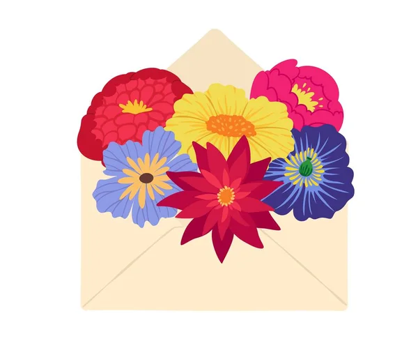 Bouquet Flowers Open Envelope Greeting Card Valentines Day Birthday Mothers — 图库矢量图片