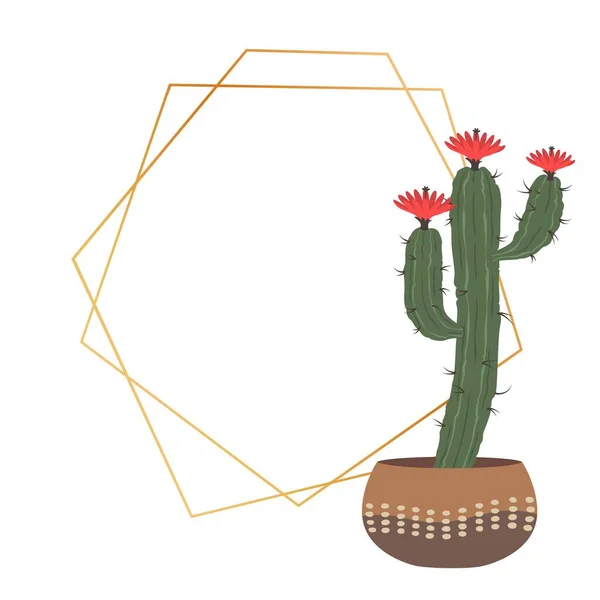 Cactus Gold Geometric Frame Scandi Style Polygon Border Invitation Greeting — Vetor de Stock