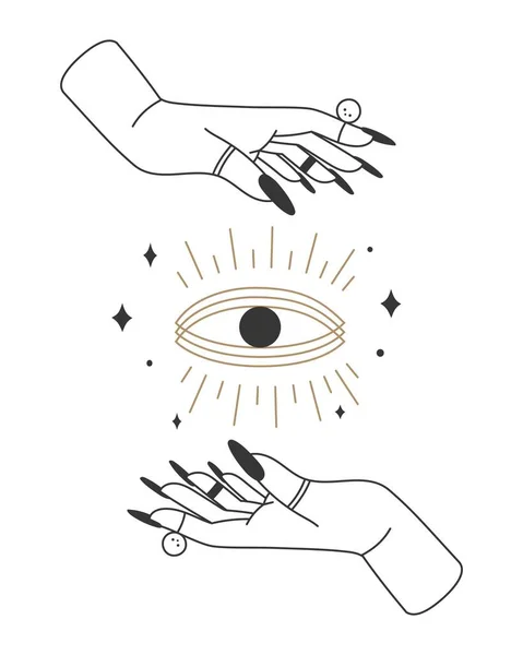 Μυστικιστική Εσωτερική Αφίσα Του Boho Χέρια Μάγισσας Και Μάτι Που — Διανυσματικό Αρχείο