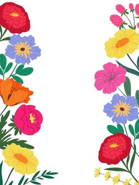 Θερινά Αγριολούλουδα Πρότυπο Διανυσματικής Κάρτας Χαιρετισμού Χαριτωμένα Πολύχρωμα Λουλούδια Πράσινα — Διανυσματικό Αρχείο
