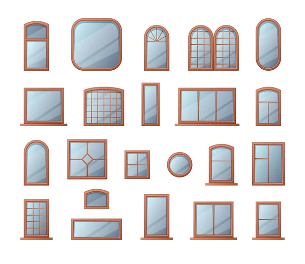 Window Frames Cartoon Wooden Home Office Square Modern Window Collection — Vector de stock