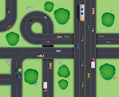 Highway junction top view. Road intersection with turnings and circle and overpasses, aerial view of city traffic lines. Vector cartoon illustration. Speedways with cars or vehicles and green zones