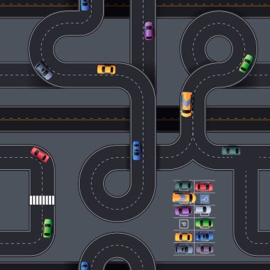 Highway pattern. Seamless print of city roads with intersections turnings crossroads and junctions, cartoon aerial view of roadway. Vector texture. Vehicles on speedways and parking lots