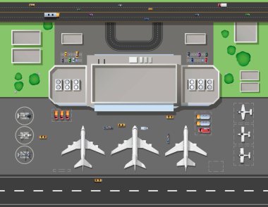 Airport terminal top view. Cartoon hangars, runway, cargo and passenger aircraft on parking area, service vehicles aerial top view. Vector city airport overhead illustration. Aviation transport