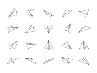 Line paper planes. Folded paper origami planes icons, direct message, flight of thought and imagination concept. Vector airplane symbol collection. Different traveling aircrafts isolated on white