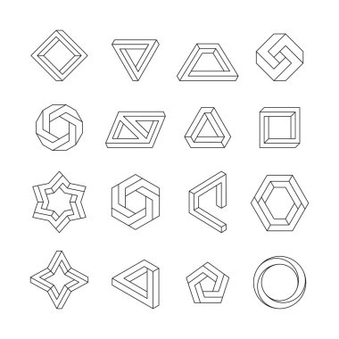 Impossible figures. Abstract geometric linear shapes, infinite optical illusion objects, 3D cube triangle and hexagonal twisted graphic elements. Vector isolated set. Unusual structures collection