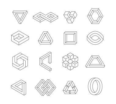Infinite figures. Abstract impossible geometry graphic design, linear twisted prospective optical illusion. Vector 3D cube triangle and hexagonal shapes collection. Curved geometrical elements