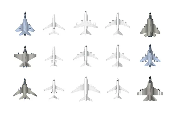 Civil Military Aircraft Top View Cartoon Jet Fighters Civil Aviation — Vetor de Stock