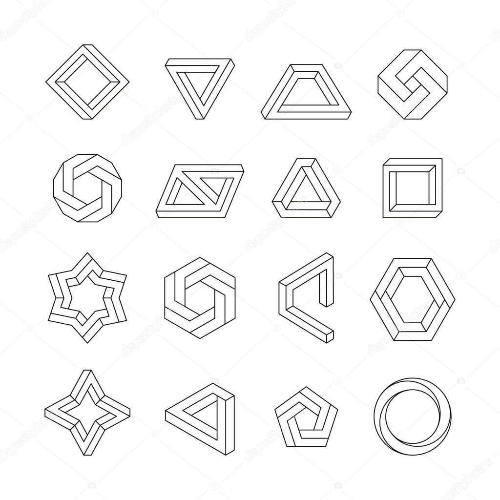 Impossible figures. Abstract geometric linear shapes, infinite optical illusion objects, 3D cube triangle and hexagonal twisted graphic elements. Vector isolated set. Unusual structures collection
