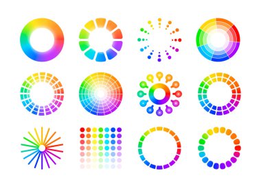 Color wheels. Charts of different shapes, gradient spectrum with rainbow multicolor pallette. Colorful colorwheel with hue and saturation. Vector isolated set. Mix or harmony combination scheme