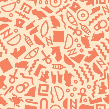 Mısır hiyerogliflerinin deseni. Antik Mısır medeniyetinin el yazması sembollerinin olduğu kusursuz bir iz. Antika arkaplanı tekrar ediyor. Vektör dokusu. Kumaş için eski kültürel yazıt ögeleri