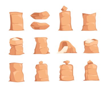 Çizgi roman çantası. Çuval dolusu tarım çiftliği tohumları pirinç taneleri, organik tarım malzemeleri içeren çuval bezi malzeme paketleri. Vektör ayarlandı. Depo ağır paketleri un, pirinç, tuz veya şeker