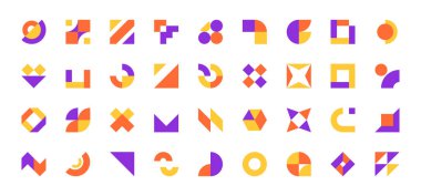 Modern geometrik formlar. Asgari temel soyut şekiller, İsviçre Bauhaus tarzı, ilkel çağdaş dinamik bloklar. Vektör koleksiyonu. Geleceğin parlak çemberi, çapraz, üçgen bileşimi