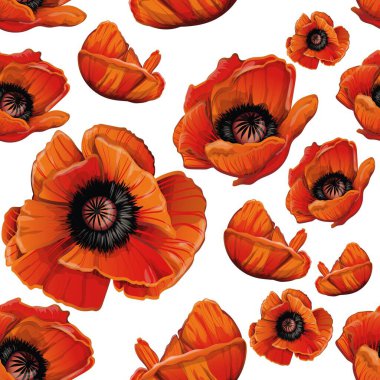 pattern of red poppies with a black center hand-drawn