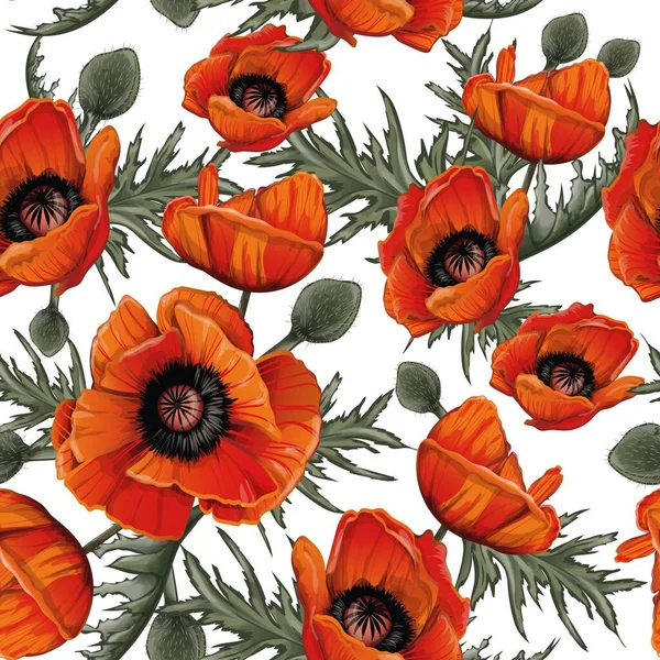 pattern of red poppies with green leaves hand drawn