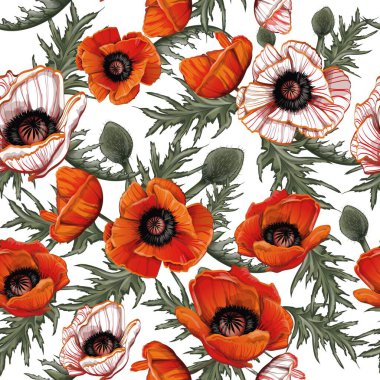 pattern of red poppies with green leaves hand drawn