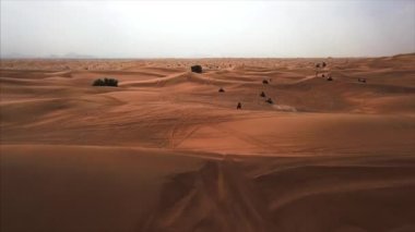 Dubai Çölü 'nün hava panoramik manzarası bisiklet ve atletizm yarışçıları grubuyla birlikte. Rub al Khali, Abu Dabi, UAE.4K, görüntüler.