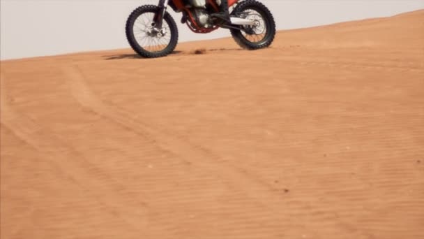 Άποψη αργής κίνησης του αναβάτη με μοτοσικλέτα. Οδηγώντας στην πίσω ρόδα στην έρημο, Ντουμπάι, ΗΑΕ, Αμπού Ντάμπι. 4k, πλάνα — Αρχείο Βίντεο
