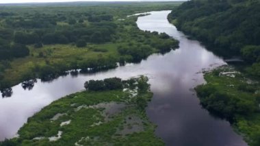 Kamçatka, Rusya-Aug 27,2020: Nehrin yavaş hareket eden havadan üstgeçişi ve ağaçlar, çalılar ve otlarla dolu çayırlar. 4k, görüntüler