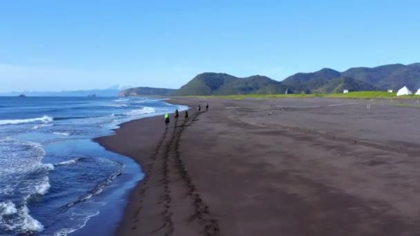 Paisagem aérea de um litoral arenoso pouco conhecido com um cavaleiro em cavalos galopando ao longo do mar, Islândia — Vídeo de Stock