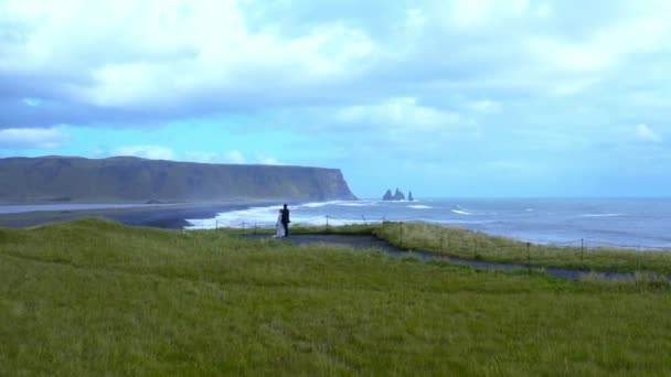 Panoramisch zicht vanuit de lucht op twee pasgetrouwden die op de rand van een klif staan — Stockvideo