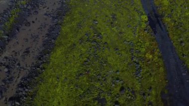 Aerial vertical panoramic view of water flow and road