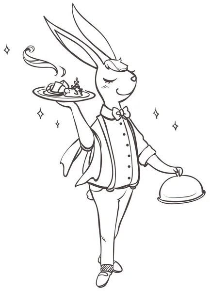 Rabbit in a suit waiter with dish — Stock Vector
