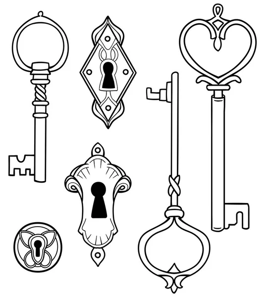Романтический Векторный Контур Изображения Винтажных Ключей Замочных Скважин — стоковый вектор
