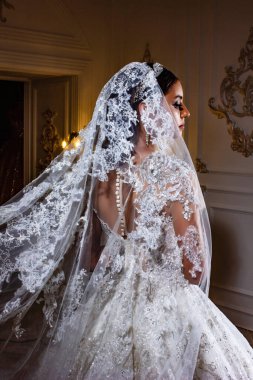 Güzel gelinlik giymiş güzel bir gelinin portresi.