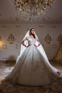 Güzel gelinlik giymiş güzel bir gelinin portresi.