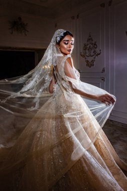 Güzel gelinlik giymiş güzel bir gelinin portresi.
