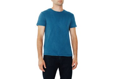 dark blue t-shirt on a man, layout isolated on a white background, copy space