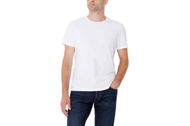 White T-shirt on a man, layout isolated on a white background, copy space