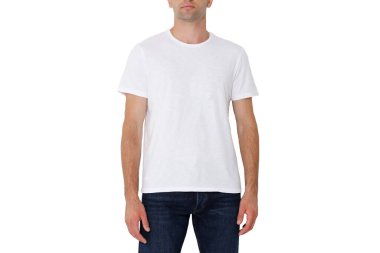 White T-shirt on a man, layout isolated on a white background, copy space