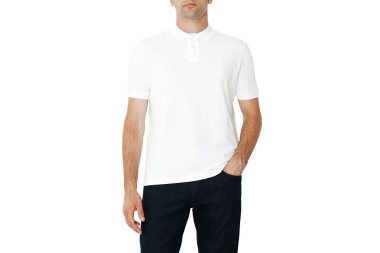 White T-shirt on a man, layout isolated on a white background, copy space