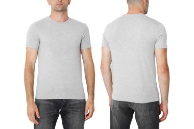 grey T-shirt on both sides on a man, layout isolated on a white background, copy the space