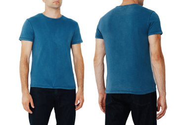 dark blue T-shirt on two sides on a man, layout isolated on a white background, copy space