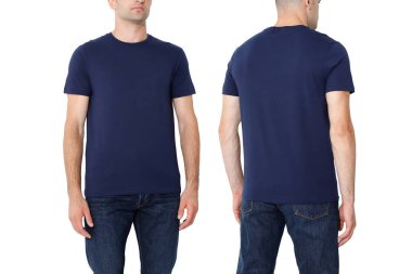 dark blue T-shirt on two sides on a man, layout isolated on a white background, copy space